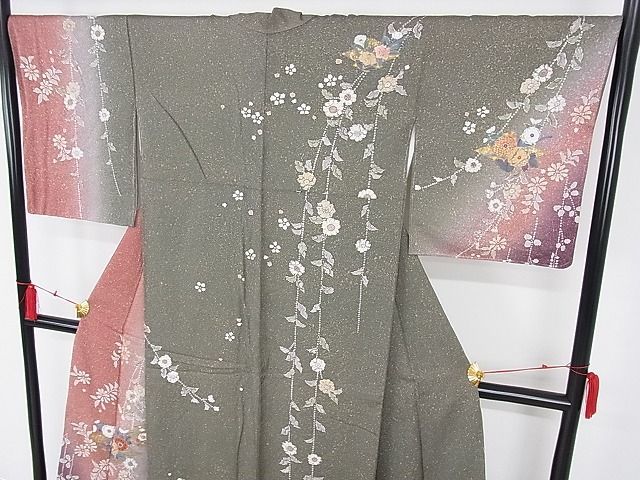 平和屋-こころ店□訪問着　刺繍　絞り　辻が花　松皮菱花文　暈し染め　金彩　着丈168cm　裄丈67.5cm　正絹　逸品　3kk1948_画像3