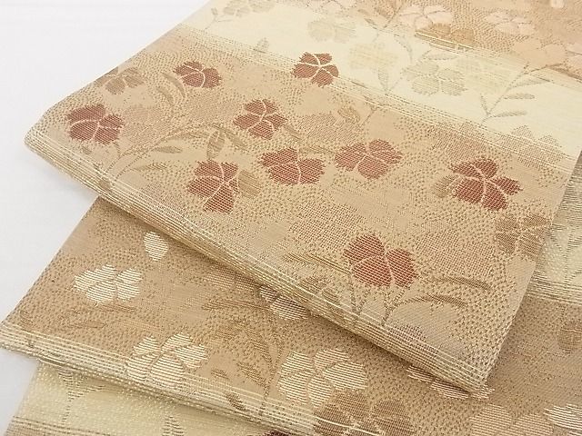 平和屋-こころ店■両面六通柄袋帯 草花文 市松 金糸 正絹 逸品 B-cy6854の画像1