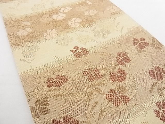 平和屋-こころ店■両面六通柄袋帯 草花文 市松 金糸 正絹 逸品 B-cy6854の画像3