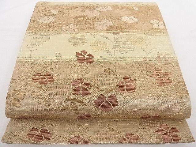 平和屋-こころ店■両面六通柄袋帯 草花文 市松 金糸 正絹 逸品 B-cy6854の画像2