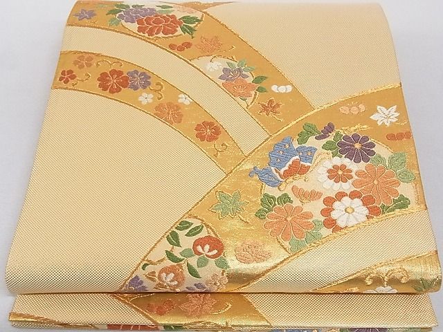 平和屋-こころ店■本佐賀唐織　六通柄袋帯　山取花丸文　金糸　正絹　逸品　A-gk494_画像1