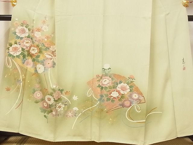 平和屋-こころ店■京友禅の第一人者 松井青々 色留袖 駒刺繍 檜扇花文 暈し染め 金銀彩 着丈160cm 裄丈65.5cm 正絹 逸品 A-ta7251_画像4