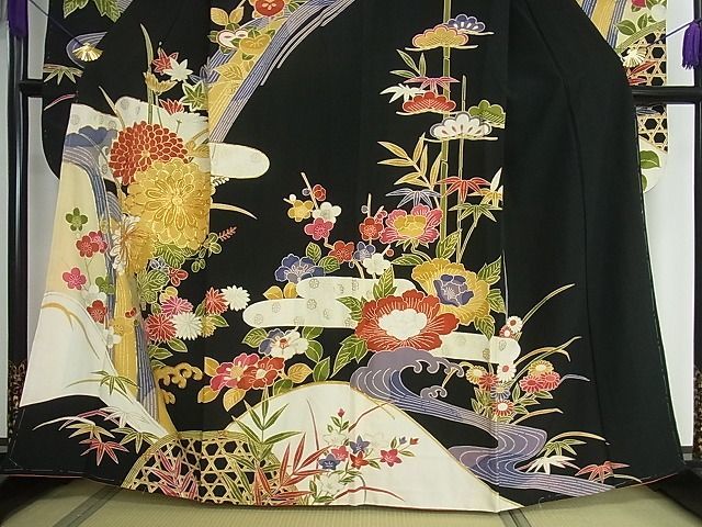 平和屋2■豪華振袖　駒刺繍　霞松竹梅花文　黒地　逸品　jm2566_画像3