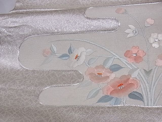 平和屋-こころ店■九寸名古屋帯　刺繍　霞取花文　銀糸　正絹　逸品　A-sx8338_画像3