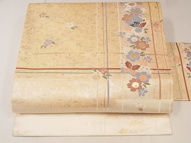 平和屋2■九寸名古屋帯　秀れい　花蝶文　金糸　逸品　jm2603_画像1