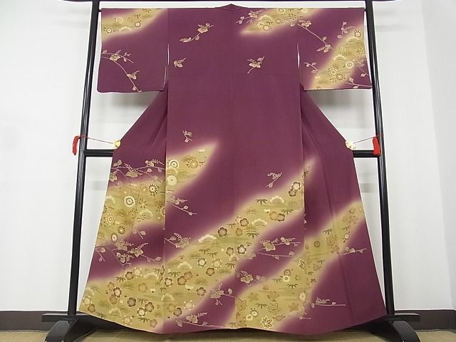 平和屋-こころ店■訪問着　刺繍　松竹梅吉祥花文　暈し染　金彩　着丈158cm　裄丈66.5cm　正絹　逸品　1B-wt501_画像1