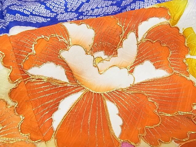 平和屋-こころ店■豪華振袖　駒刺繍　絞り　流水檜扇花文　金彩　着丈167.5cm　裄丈68cm　正絹　逸品　1B-wt536_画像5