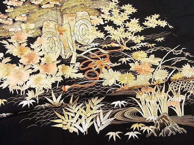 平和屋-こころ店■豪華黒留袖　総刺繍　御所車花文　やまと誂製　着丈154.5cm　裄丈67cm　正絹　逸品　A-ck6652_画像5