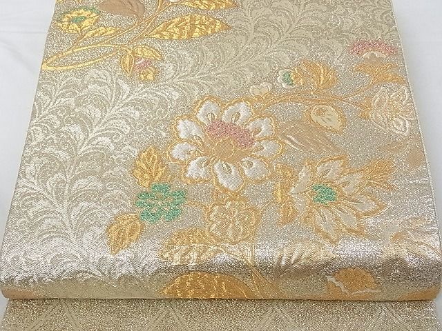 平和屋-こころ店■六通柄袋帯　ふくれ織　洋花文　金銀糸　正絹　逸品　A-gk702_画像1