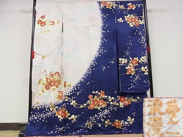 平和屋-こころ店■大正の浮世絵師 竹久夢二 夢二ロマン 豪華振袖 舞花文 椿 金彩 ロング丈 着丈171.5cm 裄丈68cm 正絹 逸品 B-zg7344_画像1