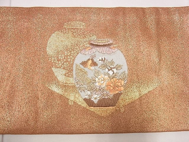 平和屋1■九寸名古屋帯　陶器花鳥文　金糸　逸品　eg0849_画像3