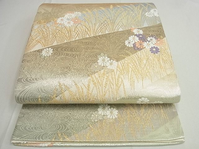 平和屋2■六通柄袋帯　流水草花文　金糸　プラチナ箔二重織　逸品　jm2664_画像1