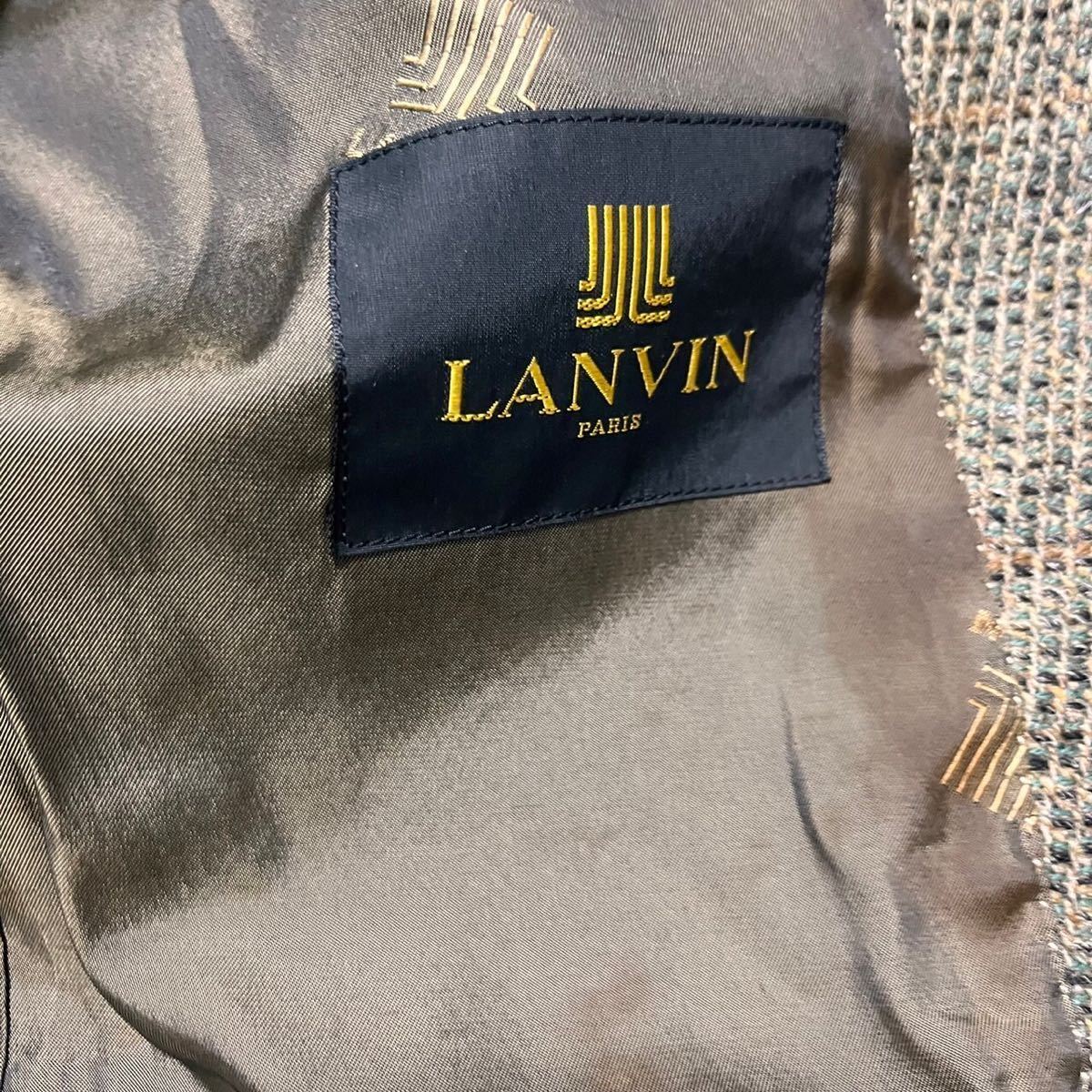 美品 幻の逸品 LANVIN ランバン テーラードジャケット ラムレザー切り替え ツィード クルミボタン カーキ グリーン系 ブレザー_画像8