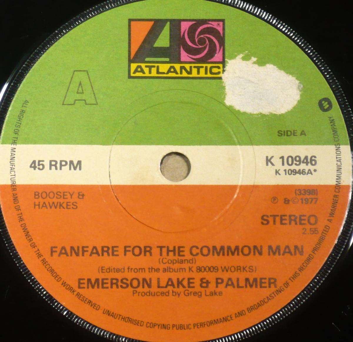 英シングル●ELP／Fanfare For The Common Man(庶民のファンファーレ/Edited from LP"Works")　カンパニースリーブ付 MAT:A1/B1_画像3