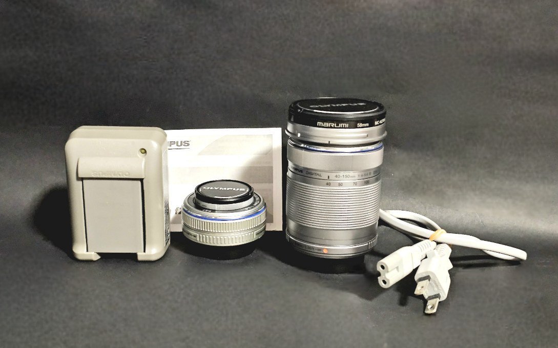 OLYMPUS オリンパス レンズ＆充電器＆バッテリーセット 17mm 1:2,8 / 40-150mm 1:4-5,6 望遠レンズ 日本製 カメラ周辺機器 HMY_画像1