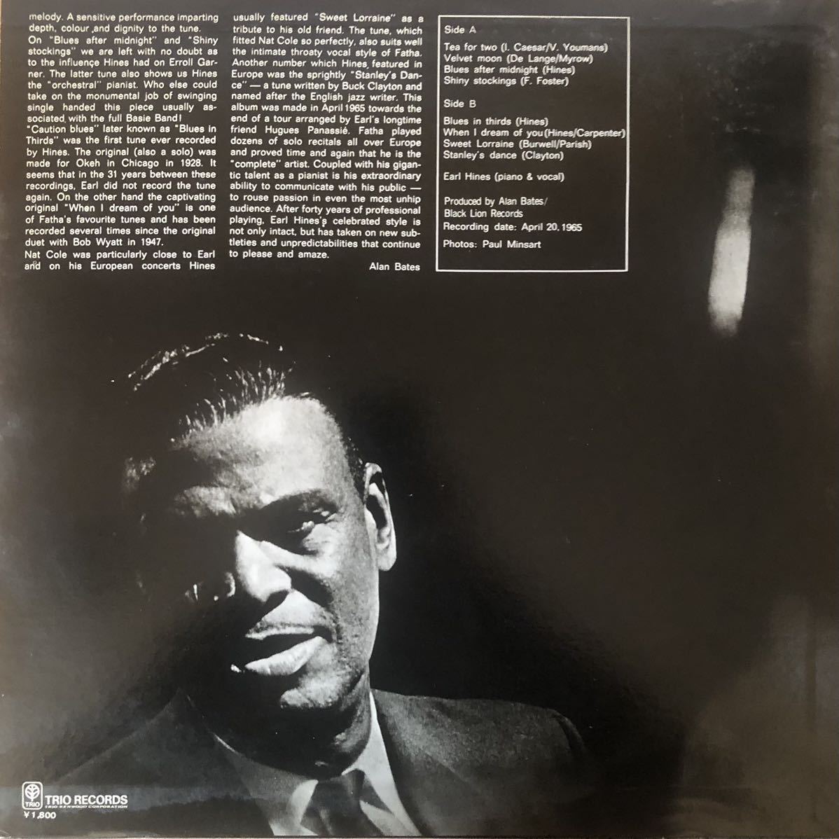 l864 LPレコード【BLUES IN THIRDS / EARL HINES】1965年録音 JAZZ PIANO 二人でお茶を〜全8曲_画像2