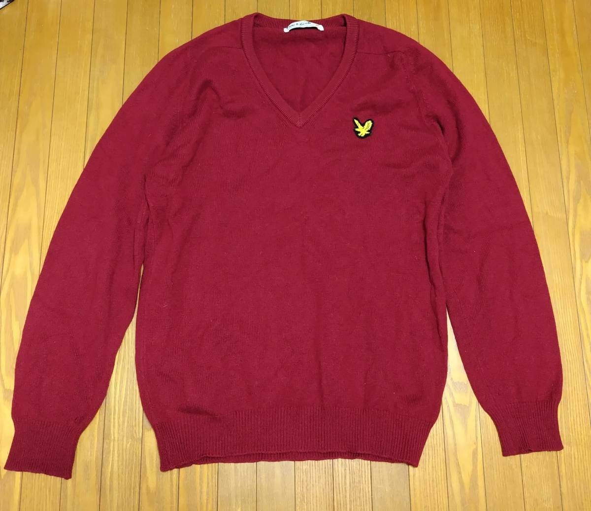 スコットランド製 厚手 Lyle&Scott ライル＆スコット V首 カシミヤ100%ニットセーター カシミア セーター 長袖ニット 40 L エンジ メンズ_画像1