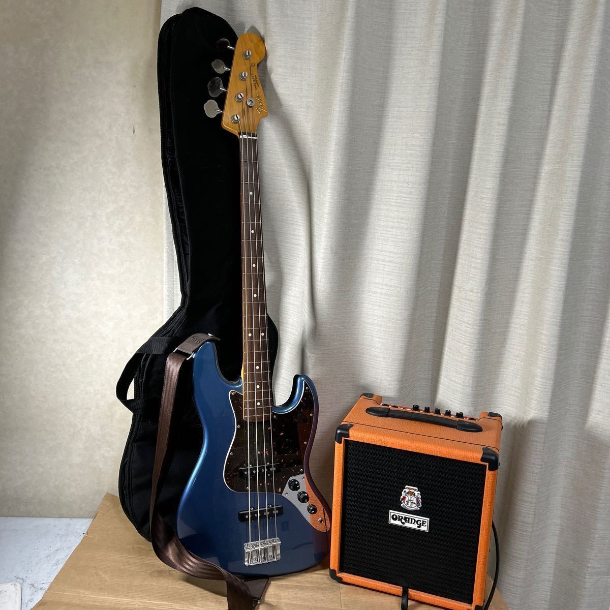 通電 ジャンク FENDER フェンダー アンプセット ORANGE CRUSH 25BX JAZZ BASS ELECTRIC TRADE MARK contour body エレキベース ケース付き_画像1