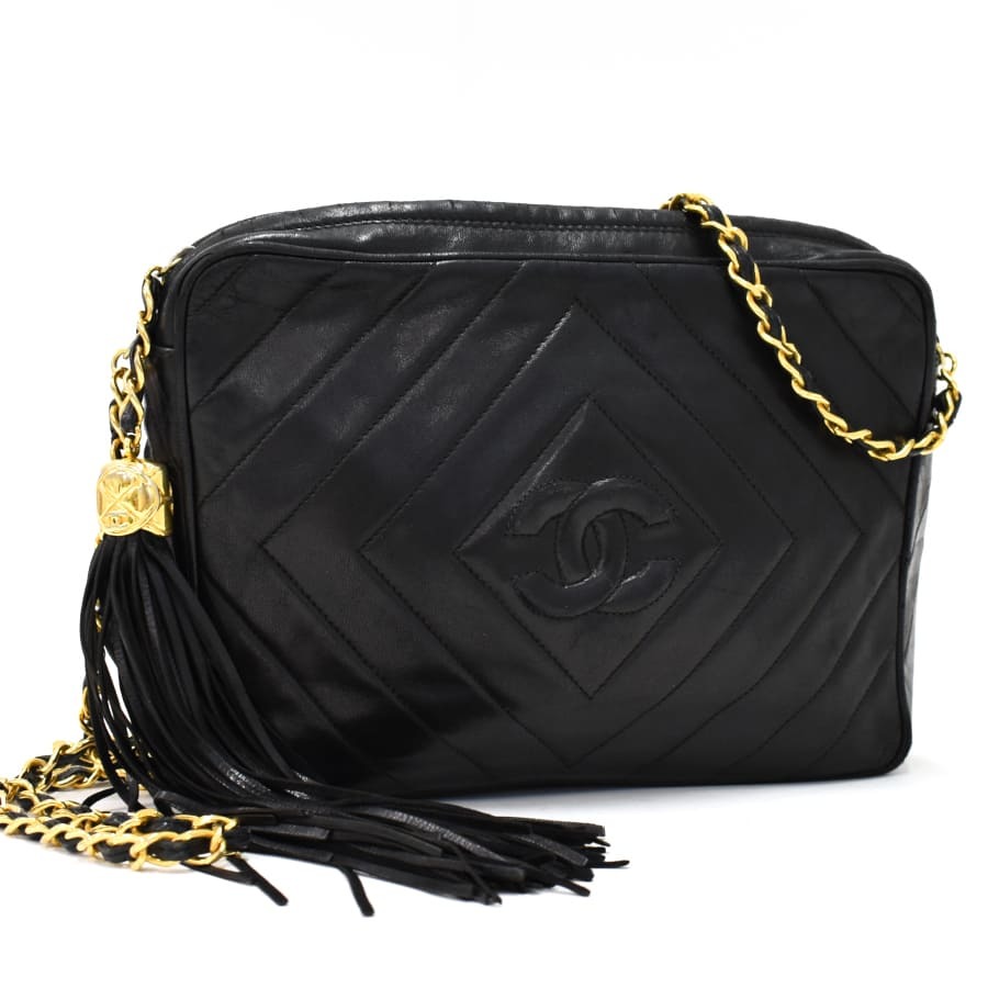 1円 ◎CHANEL シャネル チェーンショルダーバッグ ダイヤステッチ タッセル ココマーク レザー ブラック◎E.Coe.tI-17_画像1