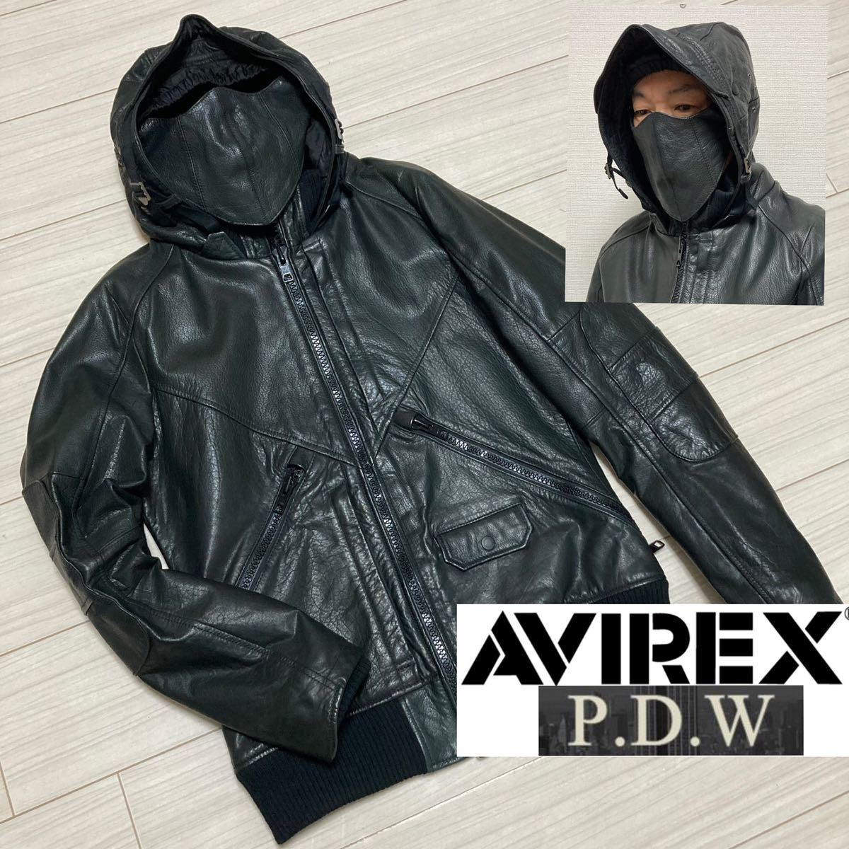  прекрасный товар #AVIREX P.D.W# кожа маска есть SWAT кожаный жакет L черный патрубок patch капот милитари Avirex Ueno association телячья кожа 