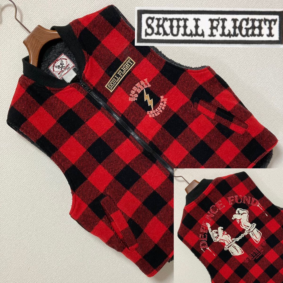 SKULL FLIGHT スカルフライト■裏ボア バッファローチェック ベスト M 赤 ブラック 刺繍 ワッペン カナダ製 Buffalo Check Boa Vest