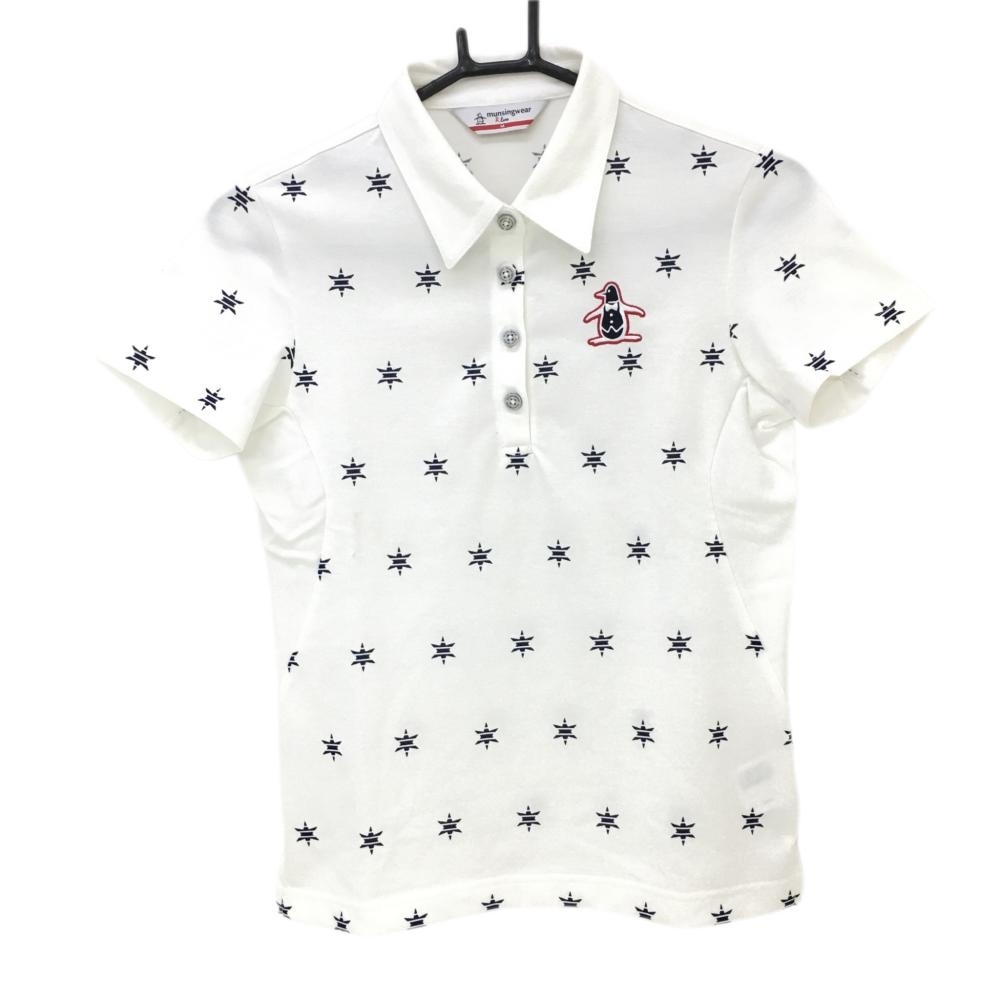 マンシングウェア 半袖ポロシャツ 白×ネイビー 六角星柄 ロゴ刺しゅう レディース M ゴルフウェア Munsingwear_画像1