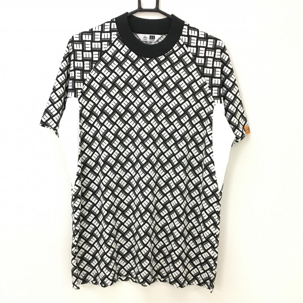 【超美品】マンシングウェア 半袖ハイネックシャツ 黒×白 ロゴ総柄 メンズ LL ゴルフウェア 2022年モデル Munsingwear