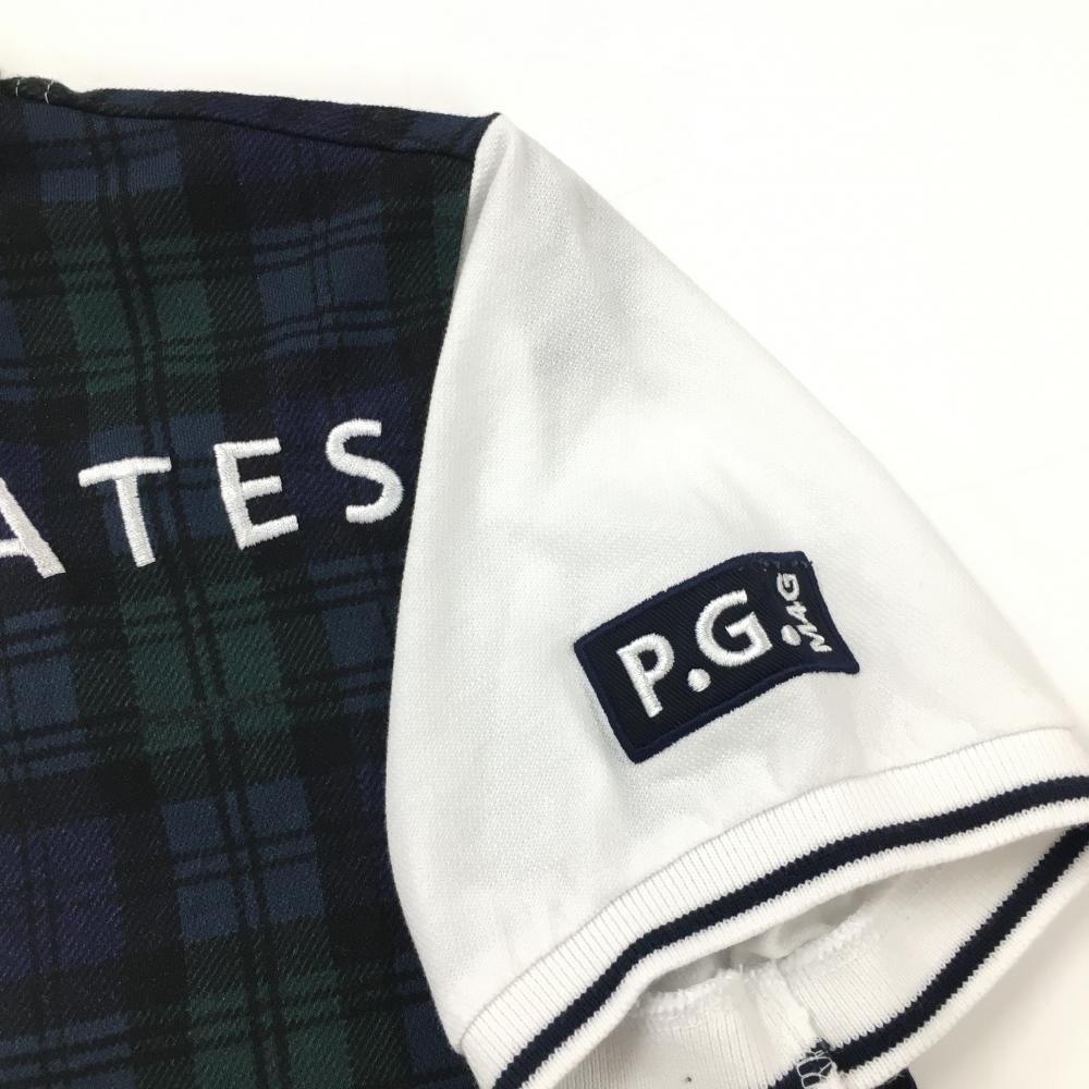 【美品】パーリーゲイツ 半袖ポロシャツ 白×ネイビー 一部チェック柄 日本製 レディース 1(M) ゴルフウェア 2023年モデル PEARLY GATES