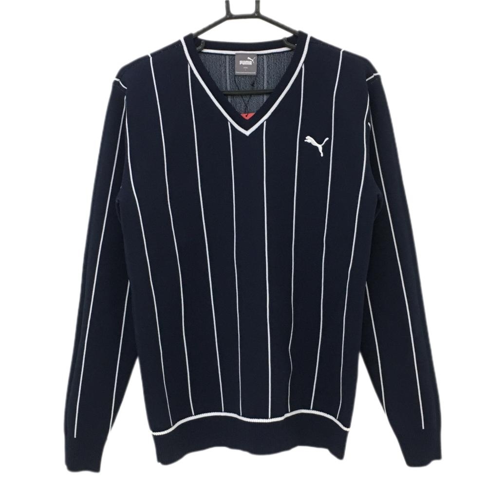【新品】プーマ セーター ネイビー×白 ストライプ Vネック ニット メンズ L ゴルフウェア 2022年モデル PUMA