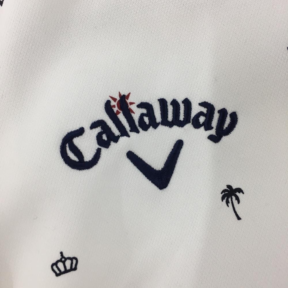 キャロウェイ 長袖ポロシャツ 白×ネイビー 総柄 ヤシの木 クラウン ボタンダウン メンズ M ゴルフウェア Callaway_画像3