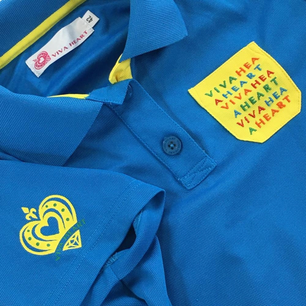 ビバハート 半袖ポロシャツ ブルー×イエロー 胸ポケット レディース 42 ゴルフウェア VIVA HEART_画像3