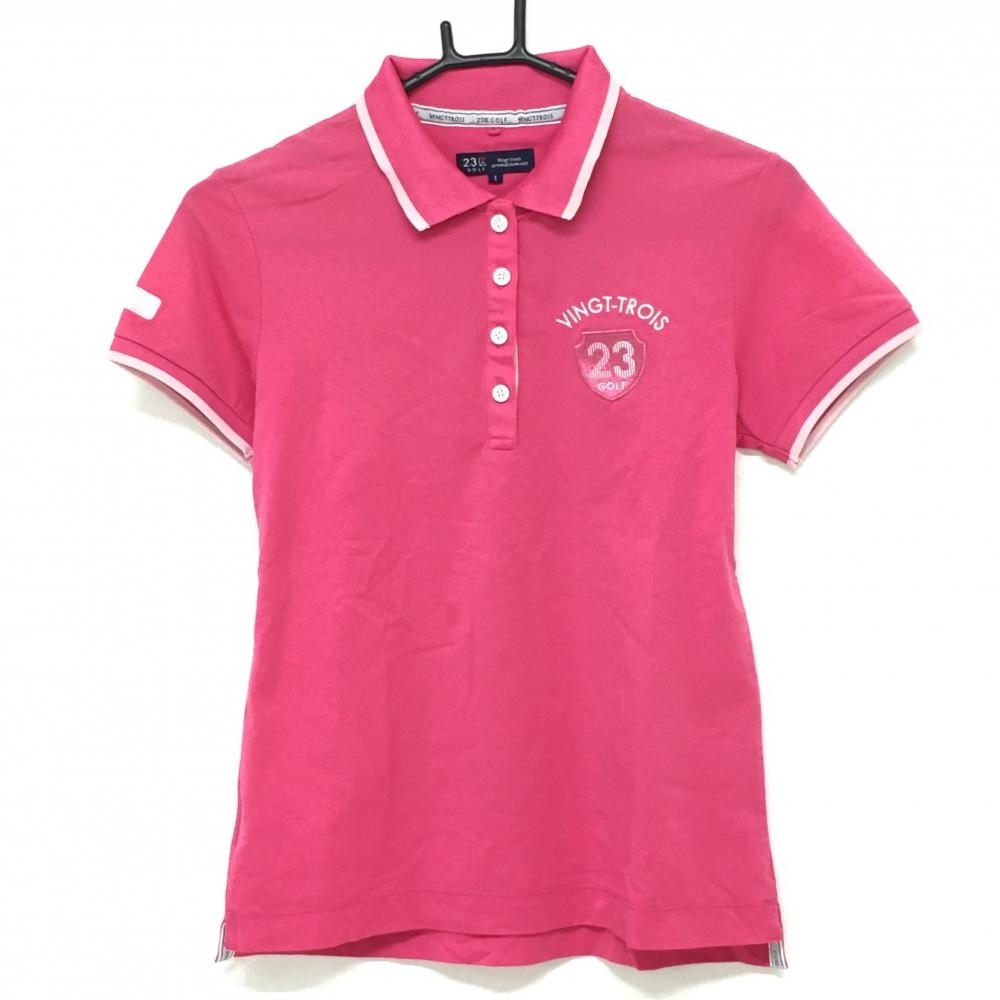 23区ゴルフ 半袖ポロシャツ ピンク×白 ロゴワッペン 袖刺しゅう レディース I(M) ゴルフウェア 23区_画像1