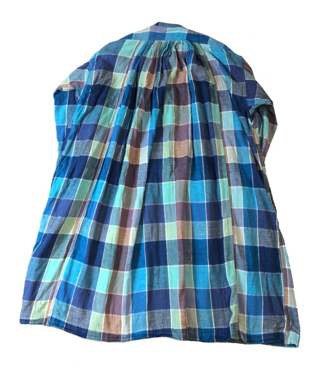 KAPITAL キャピタル シャツワンピース ノーカラー チェック ギャザー スカート ブルー系 ポケットあり コットン レディース S (ma)_画像5