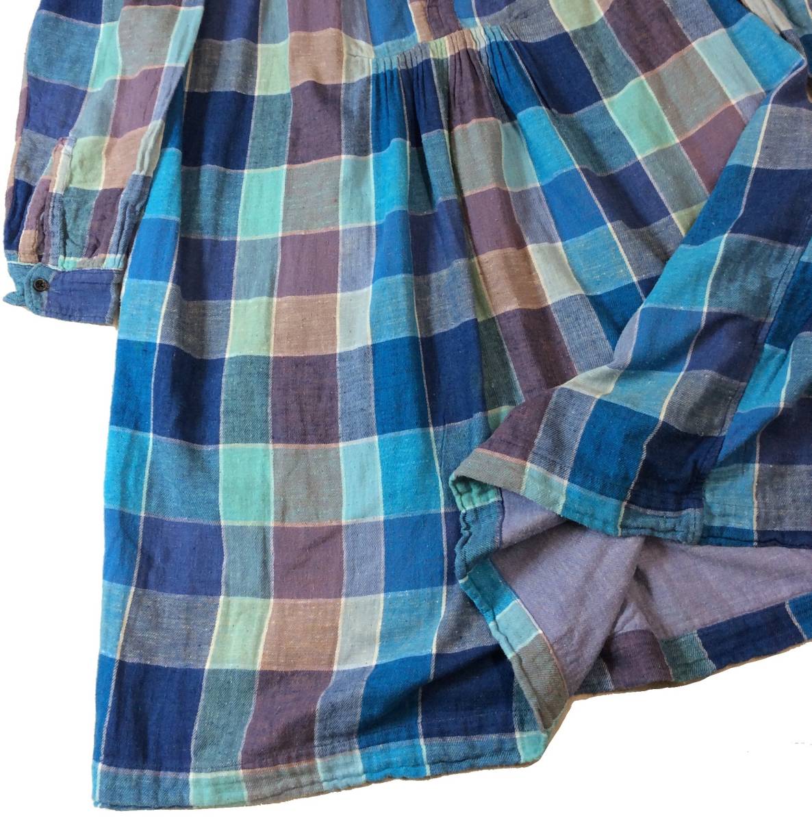 KAPITAL キャピタル シャツワンピース ノーカラー チェック ギャザー スカート ブルー系 ポケットあり コットン レディース S (ma)_画像4