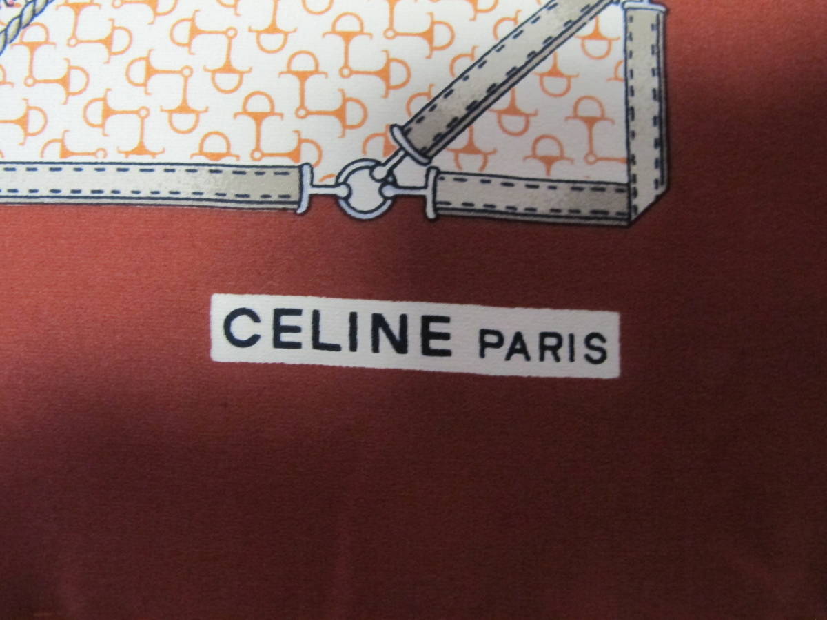 CELINE セリーヌ ベルトモチーフ×花 シルクスカーフ 茶系 ブラウン_画像10