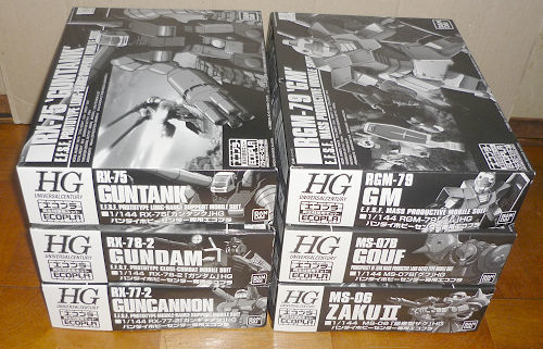 バンダイ HG エコプラ 6種 / ガンダム・ガンキャノ・ガンタンク・ジム・ザクII・グフ_画像1