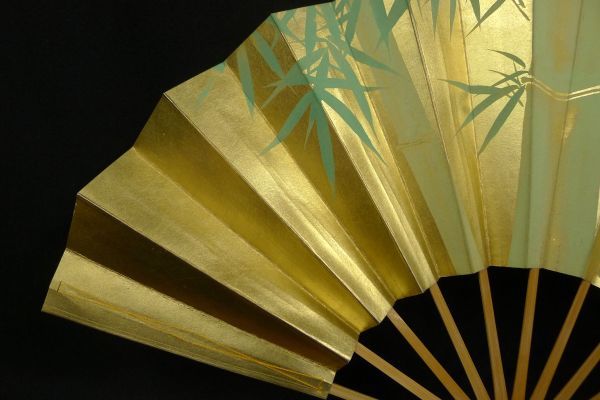 W292 10 pine shop Fukui .. gold ground bamboo . map . Mai . capital fan . fan total length ( approximately )29cm Japan dancing tradition industrial arts /60