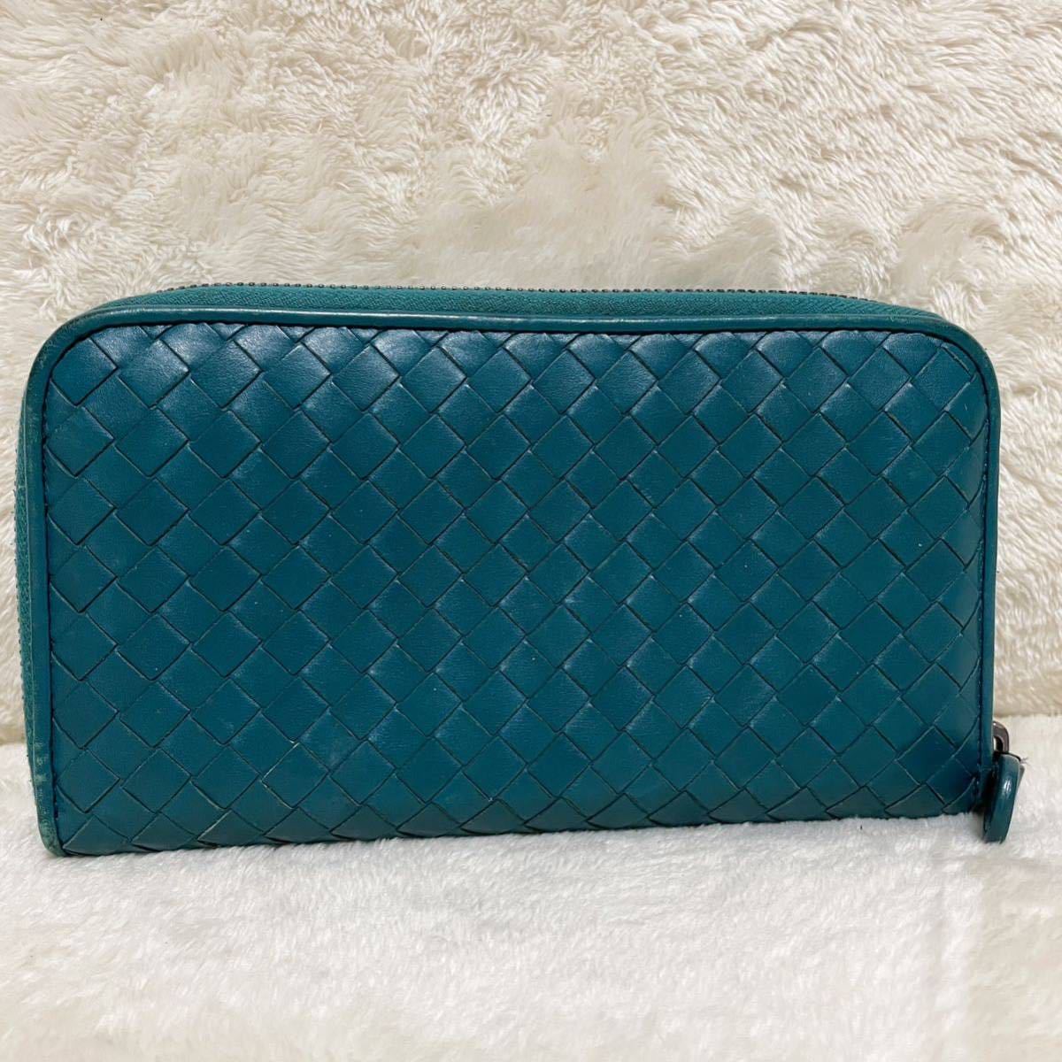 【希少カラー超極美品】BOTTEGAVENETA ボッテガヴェネタ 長財布 イントレチャート ラウンドファスナー ジップ ターコイズブルー_画像3