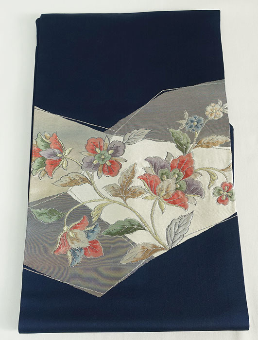 九寸名古屋帯 銀糸織り込み 色糸刺繍洋花柄 正絹 10930