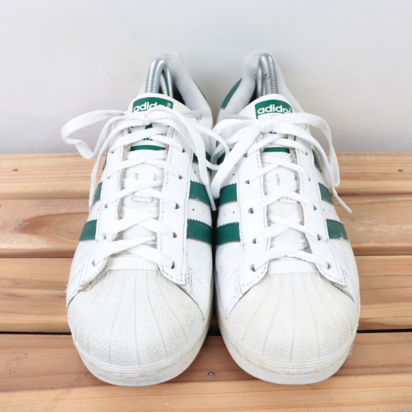 z8508 アディダス スーパースター US7 25.0cm/白 ホワイト 緑 グリーン adidas SUPERSTAR メンズ ユニセックス スニーカー 中古_画像2