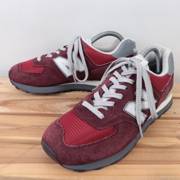 z8798【574】ニューバランス US7.5 25.5cm/バーガンディ 白 ホワイト 灰 グレー系 newbalance メンズ スニーカー 中古_画像1