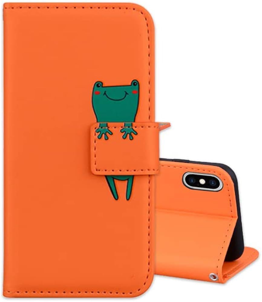 送料無料 iphone X XS ケース 手帳型 耐衝撃 防水 全面保護 アイフォンx ケース 可愛い動物柄 財布 カード収納 携帯ケース オレンジ カエル_画像1