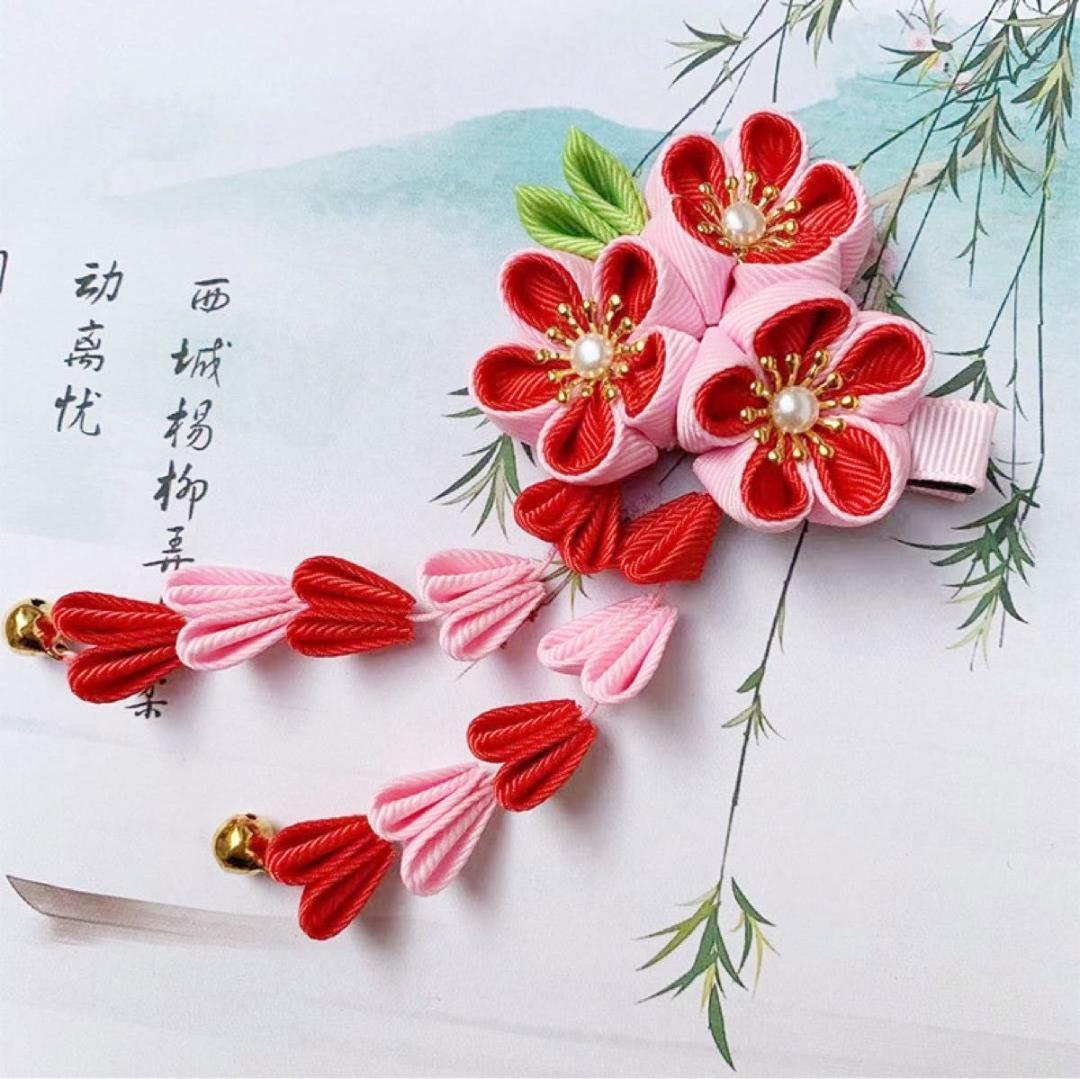  red pink flower Sakura hair ornament Japanese clothes kimono long-sleeved kimono The Seven-Five-Three Festival graduation ceremony Hinamatsuri knob skill coming-of-age ceremony Kids girl hair accessory lady's child 