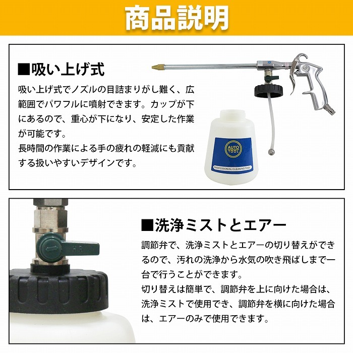 【送料無料】ロングノズル 吸上式 洗浄 エアー ウォッシャー ガン 容量1000ml ルーム クリーナー 車内 シート エンジン エアー 洗剤塗布_画像3