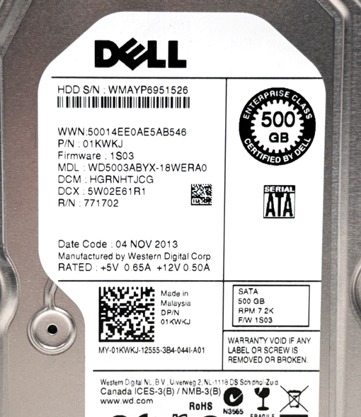 10台セット DELL WDC 500GB WD5003ABYX-18WERA0 3.5インチHDD SATA 即決 12-8-6_画像3