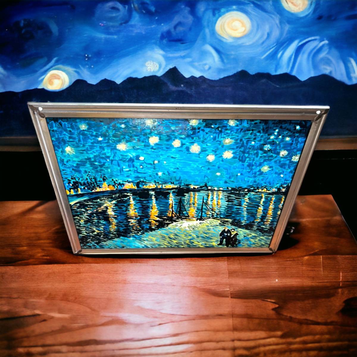 【現品限り】Van Gogh フィンセント・ファン・ゴッホ ローヌ川の星月夜 フレーム ステンドグラス グラスマスターズ アメリカ ビンテージ_画像4