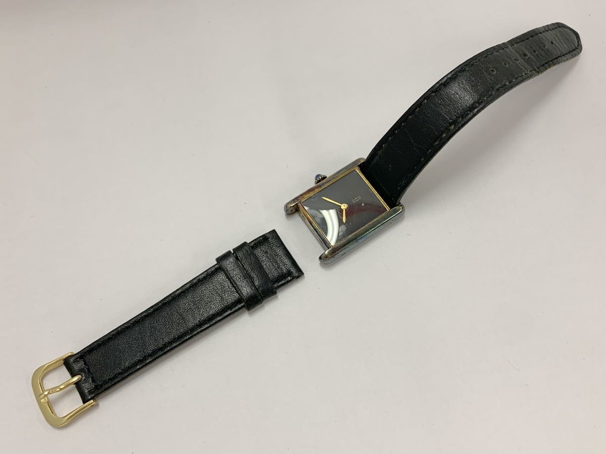 B482-W7-136 Cartier カルティエ マストタンク ARGENT 925 ブラック文字盤 スクエア レディース 手巻き 不動 腕時計 箱付き ⑥_画像7