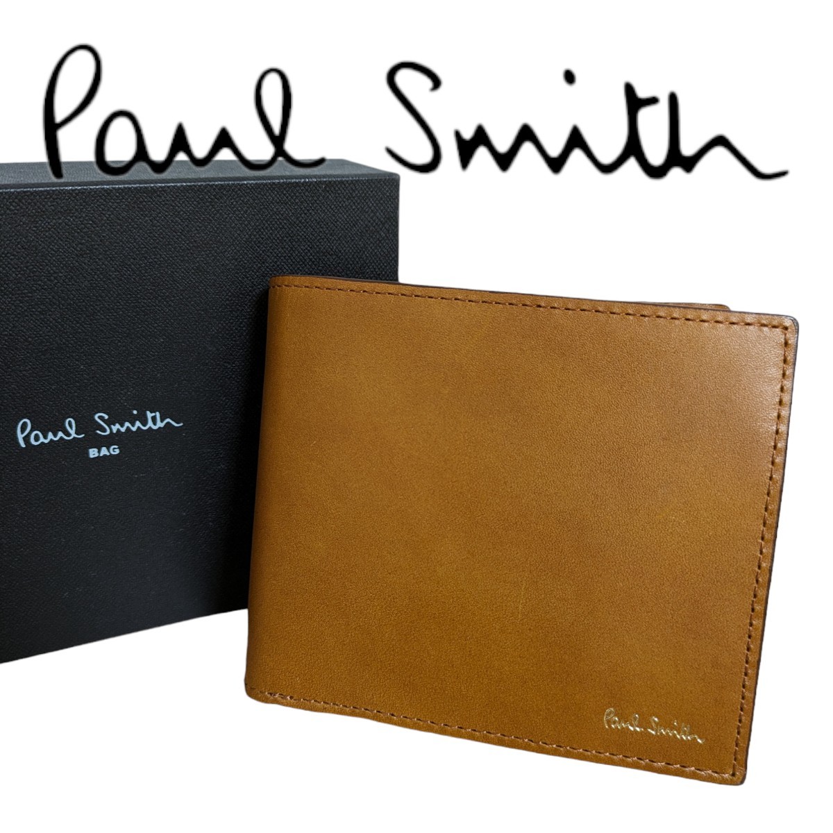 新品 ポールスミス Paul Smith 二つ折り財布 クラシックウォレット マルチストライプ キャメル メンズ 紳士 牛革_画像1