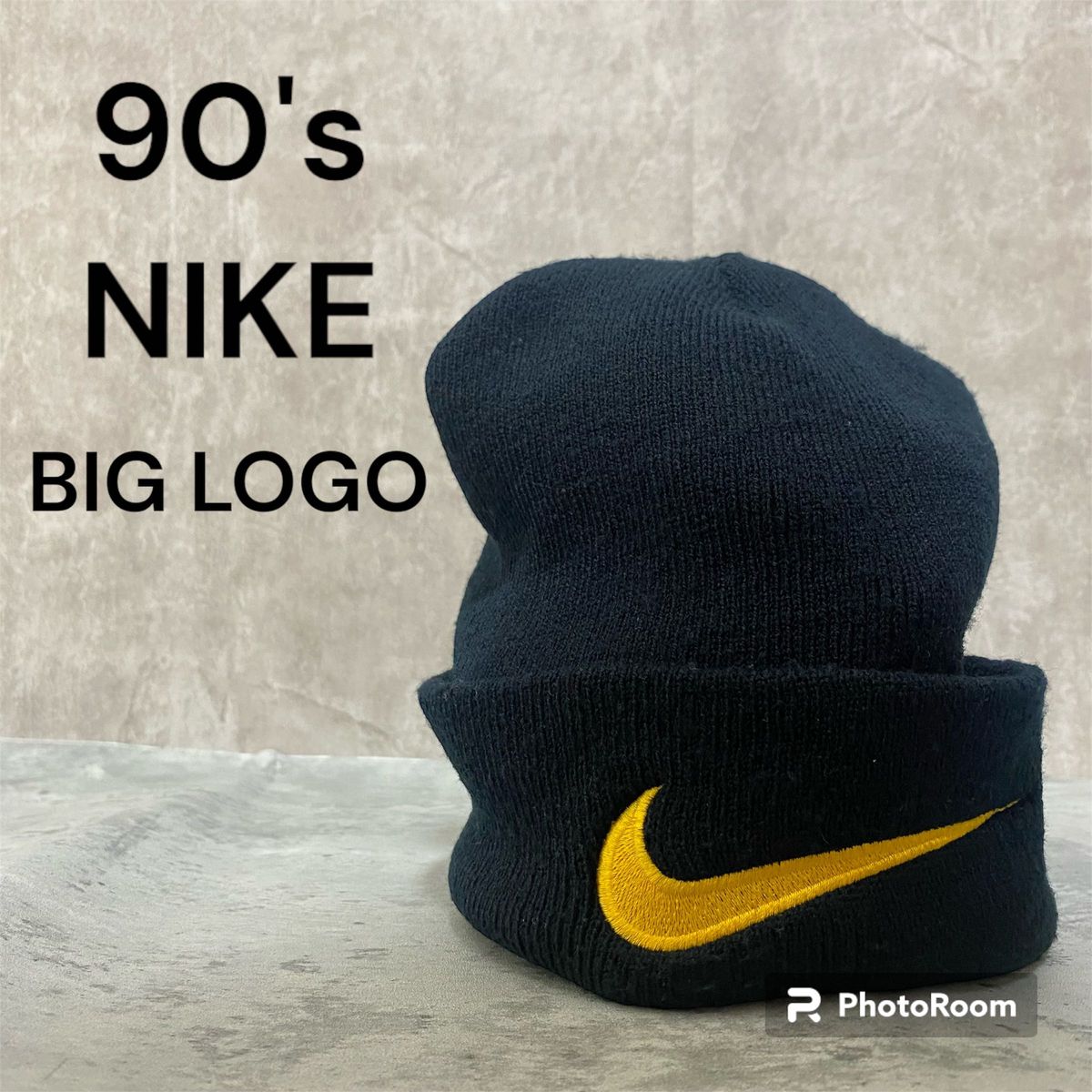 90's 台湾製NIKE スウォッシュ デカロゴ刺繍ビーニー ニット帽 y2k