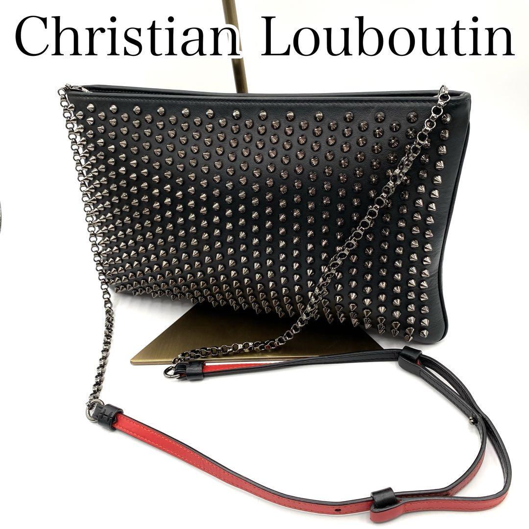 美品　Christian Louboutin クリスチャンルブタン　ショルダーバッグ　チェーン×スタッズ　レザー　ブラック　黒